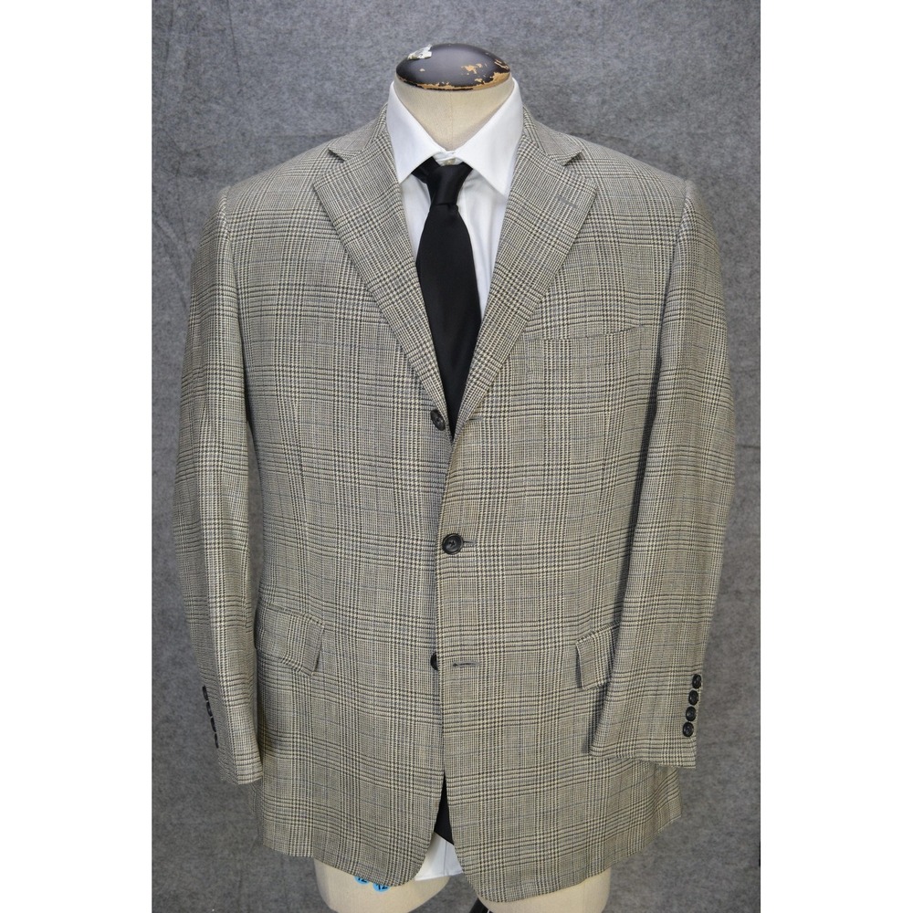 Brooks Brothers Silk Linen Blazer Mens 41R‎ Gray E Thomas Regent Glen Plaid Wool